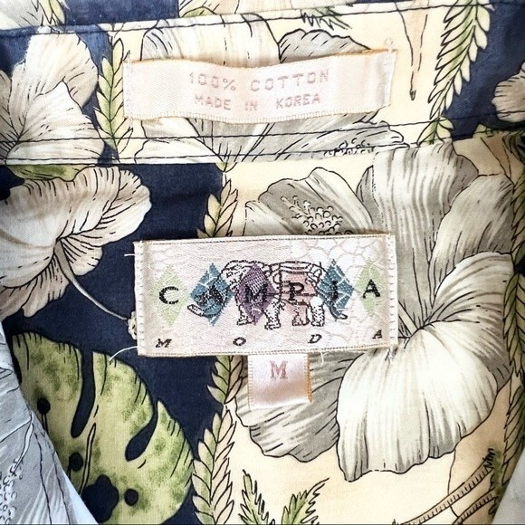 70s Vintage Campia Moda Hawaiian Shirt Blue Cream Print Men's Medium Cotton Top - Picture 4 of 4